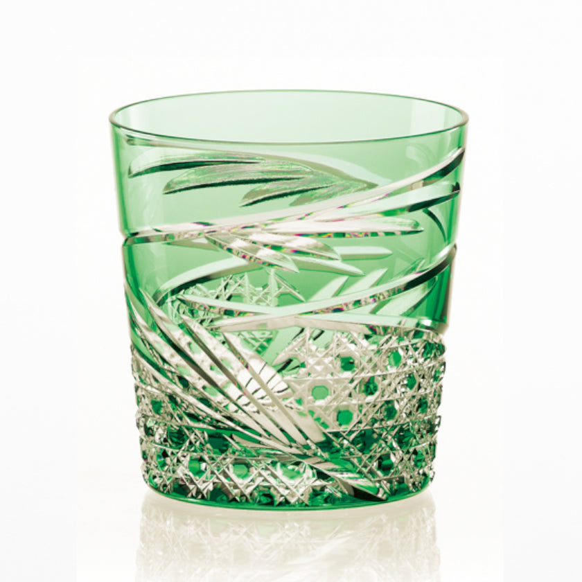 Mai green Edo Kiriko rocks glass with bamboo-leaf cut pattern | Kagami Crystal, Tokyo