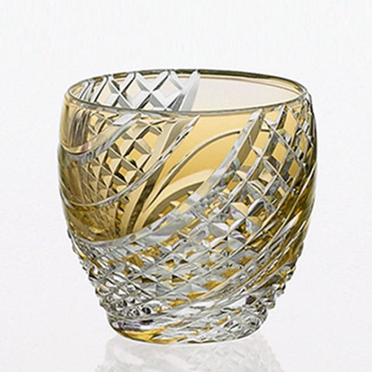 [SAKE CUP] FISH SCALES STRIP YELLOW | EDO KIRIKO | KAGAMI CRYSTAL
