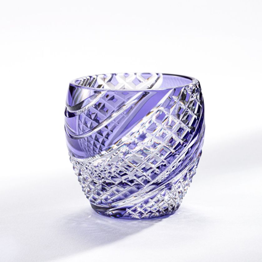[SAKE CUP] FISH SCALES STRIP PURPLE | EDO KIRIKO | KAGAMI CRYSTAL