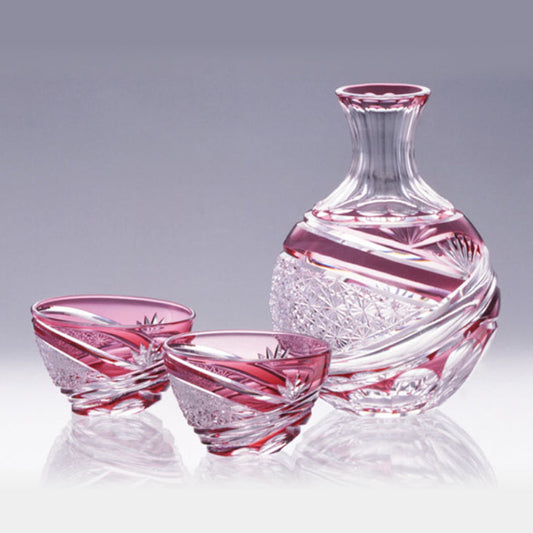 [SAKE BOTTLE] SAKE SET CHRYSANTHEMUM MESH & BAMBOO LEAVES | EDO KIRIKO | KAGAMI CRYSTAL