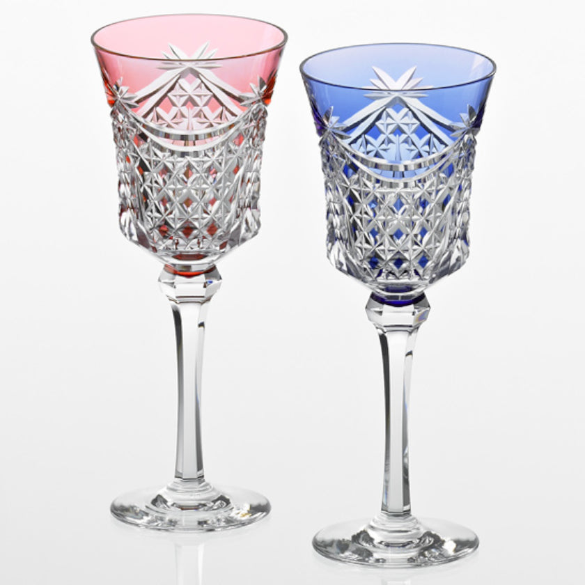 [GLASS] PAIR OF WINE GLASSES DRAPE & TETRAGONAL BASKET WEAVE | EDO KIRIKO | KAGAMI CRYSTAL