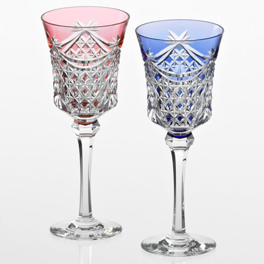 [GLASS] PAIR OF WINE GLASSES DRAPE & TETRAGONAL BASKET WEAVE | EDO KIRIKO | KAGAMI CRYSTAL