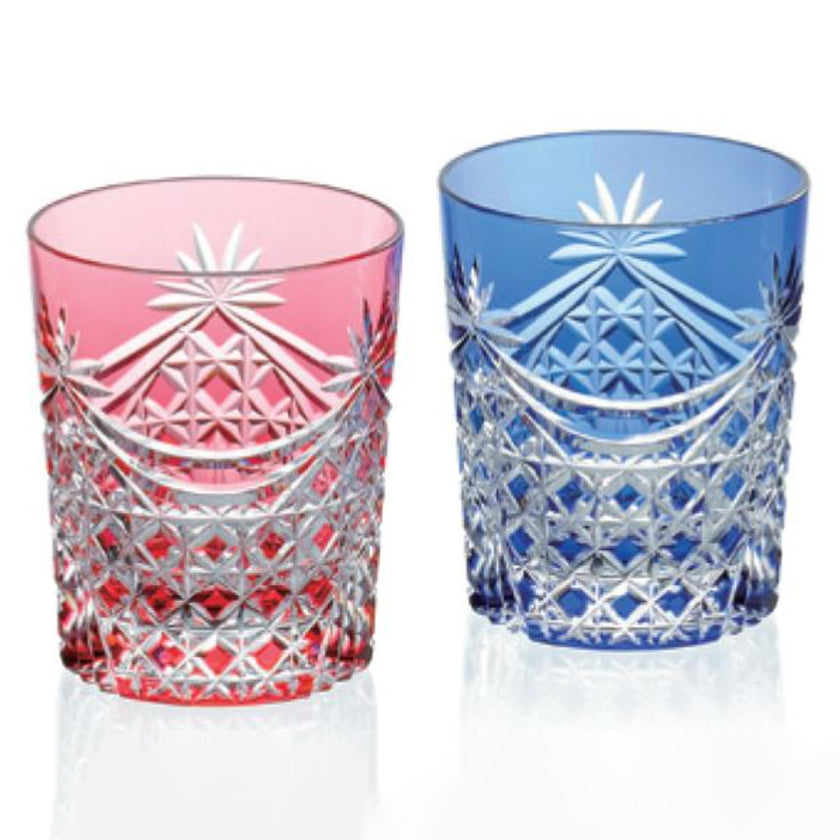 [ROCKS GLASS] PAIR OF WHISKEY GLASSES DRAPE & TETRAGONAL BASKET WEAVE | EDO KIRIKO | KAGAMI CRYSTAL