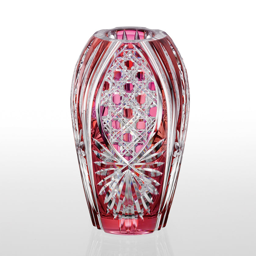 [VASE] BAMBOO LEAVES & OCTAGONAL BASKET WEAVE RED | EDO KIRIKO | KAGAMI CRYSTAL