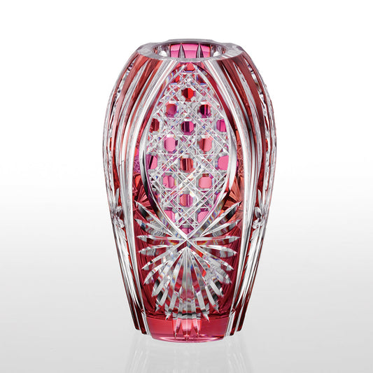 [VASE] BAMBOO LEAVES & OCTAGONAL BASKET WEAVE RED | EDO KIRIKO | KAGAMI CRYSTAL