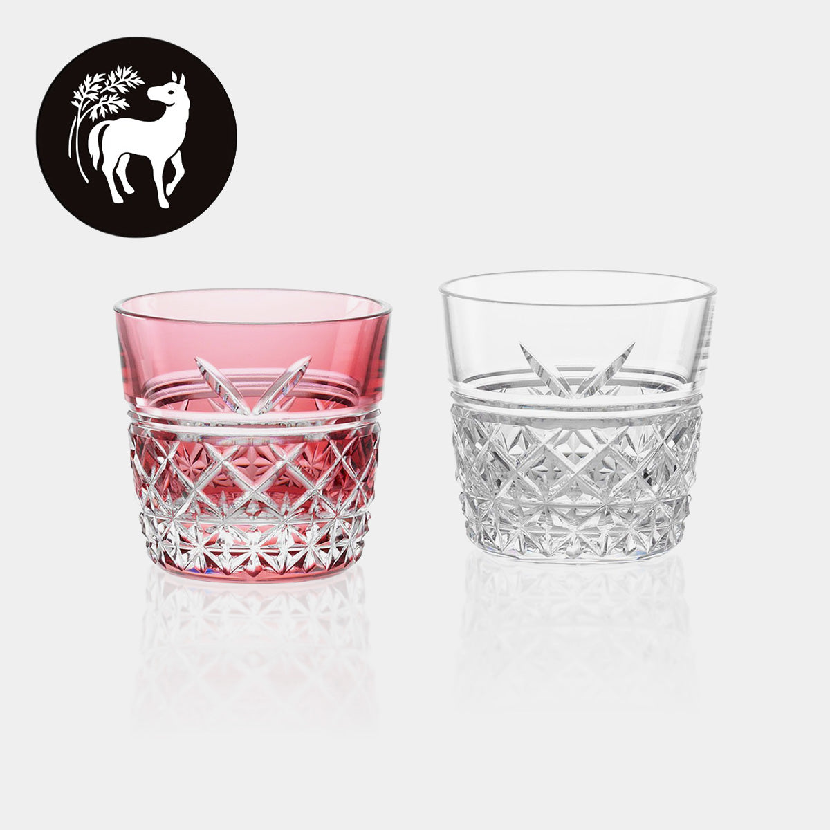 [SAKE CUP] PAIR OF SAKE CUPS CHINESE ZODIAC – HORSE | EDO KIRIKO | KAGAMI CRYSTAL
